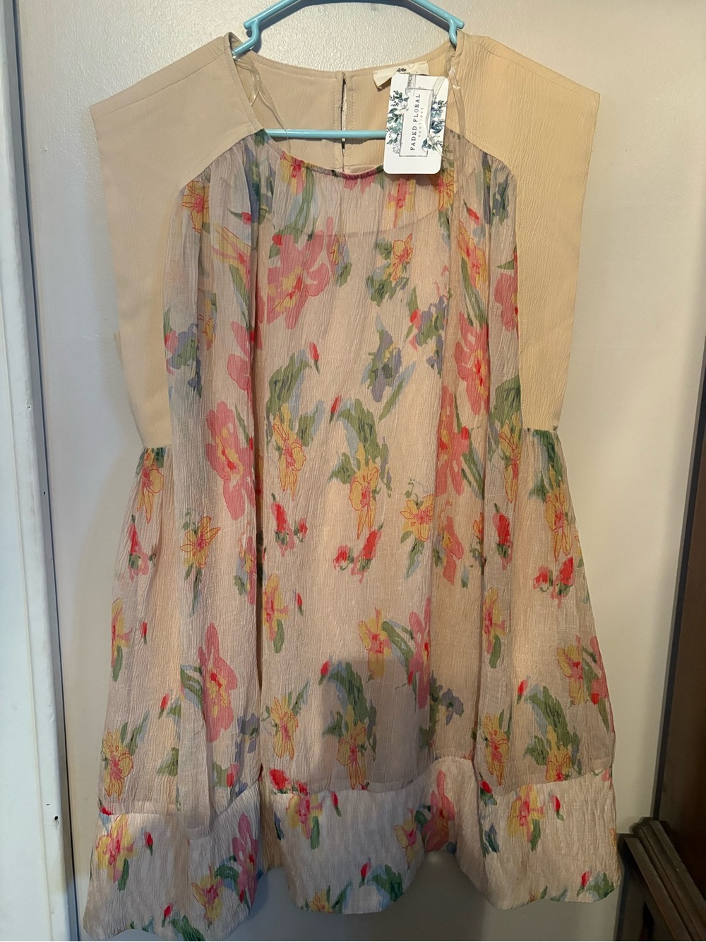 entro Cream Floral Mini Dress with Pink & Green Accents